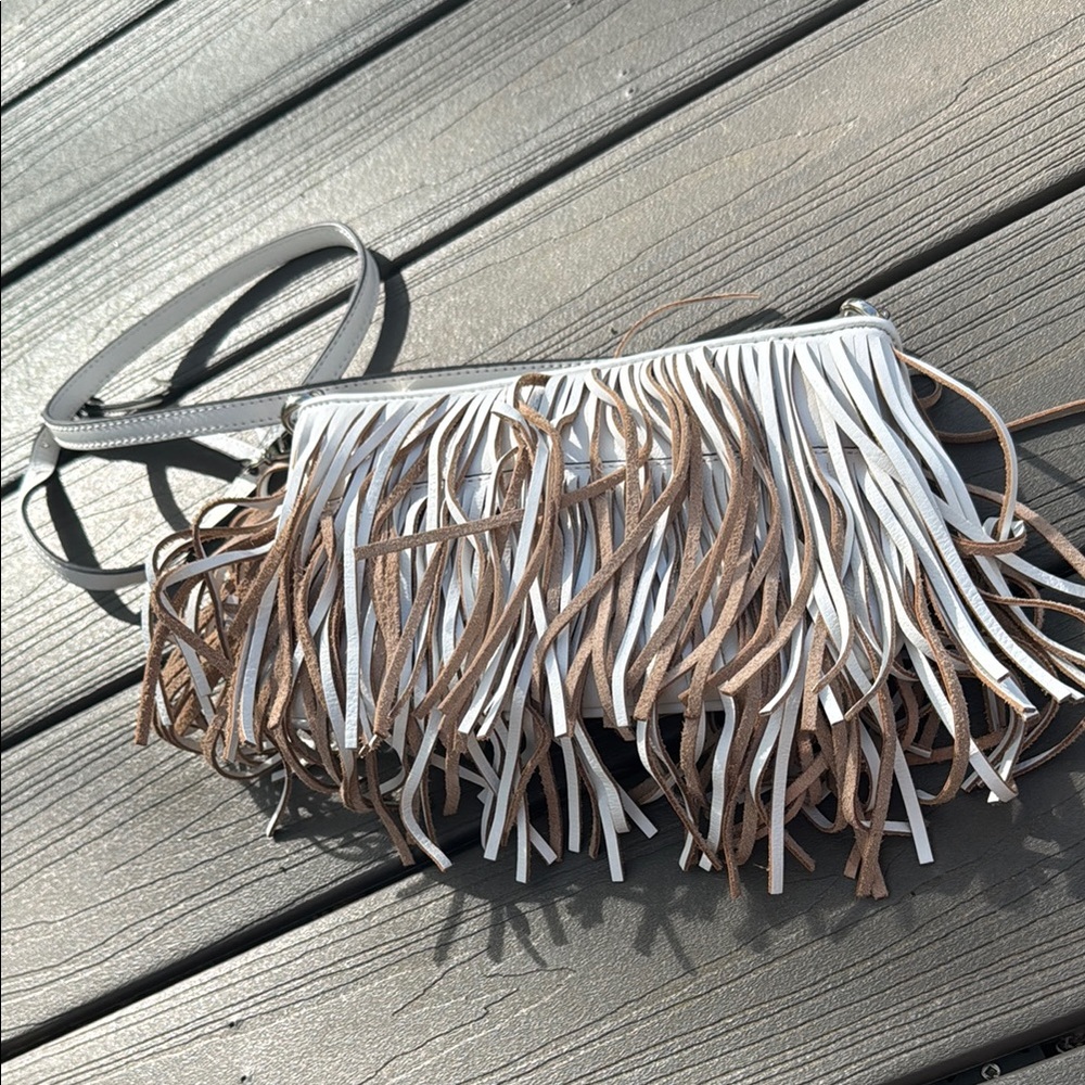 Rebecca Minkoff White and Tan Fringe Clutch